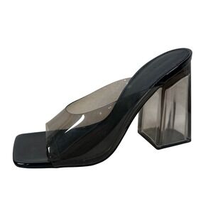 Black Tinted Clear Lucite Block Heel Square Toe Mules Y2K Sandals Club Goth